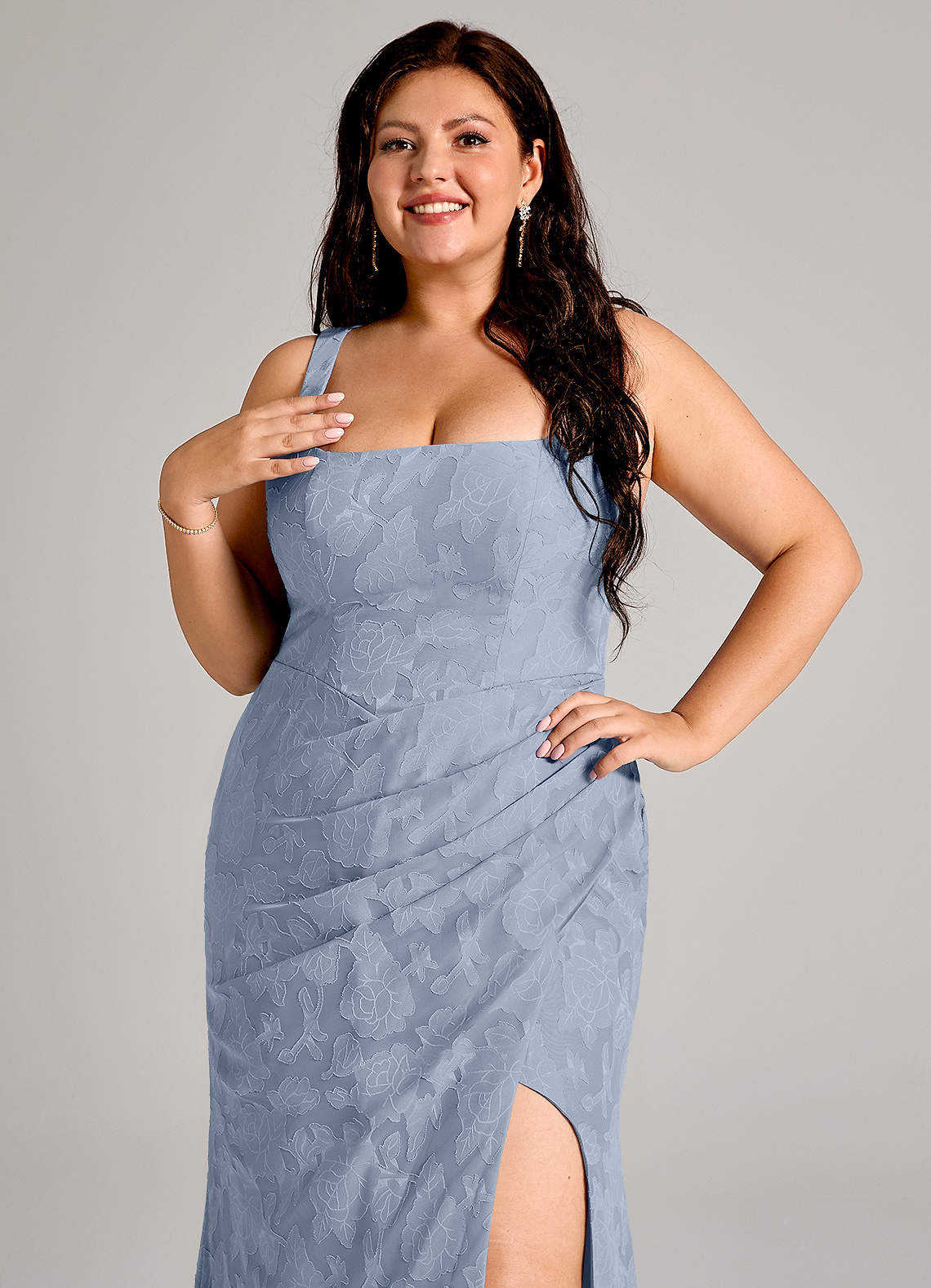 Azazie Mero Bridesmaid Dresses Dusty Blue Sheath Pleated Floral Burnout Dress image10