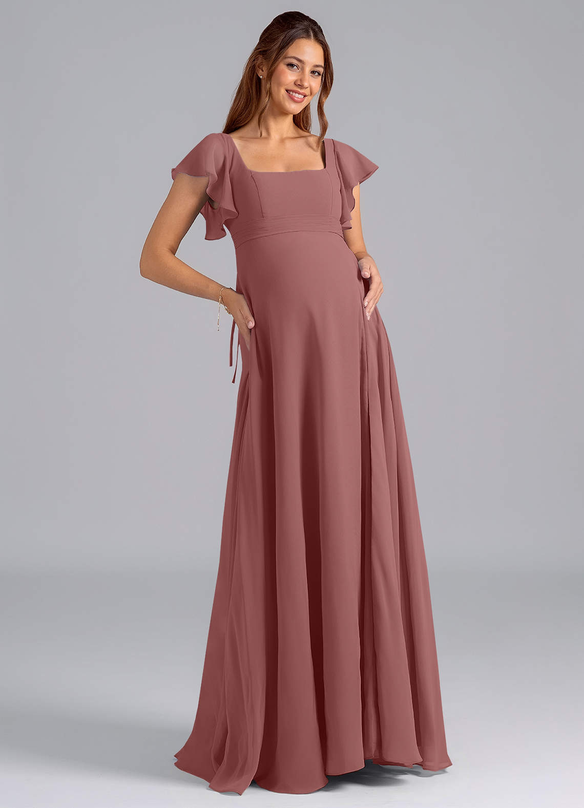 Azazie Bondi Maternity Bridesmaid Dresses A-Line Ruched Chiffon Floor-Length Dress image1