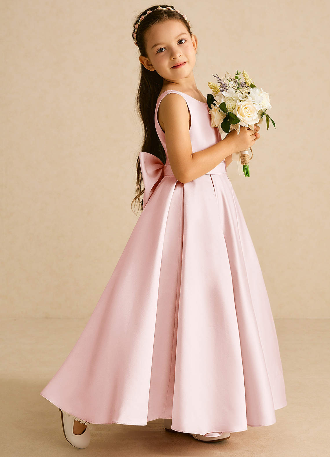 Azazie Pipsy Flower Girl Dresses Blushing Pink A-Line Bow Matte Satin Dress image2