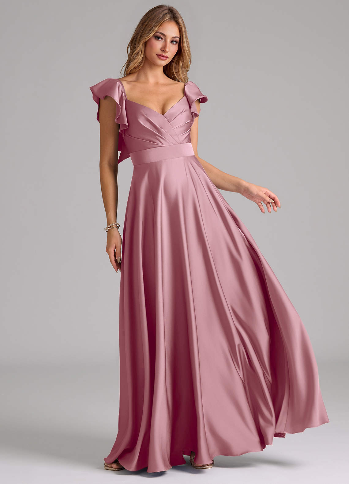 Azazie Leilani Bridesmaid Dresses Vintage Mauve A-Line Ruched Stretch Satin Dress image1