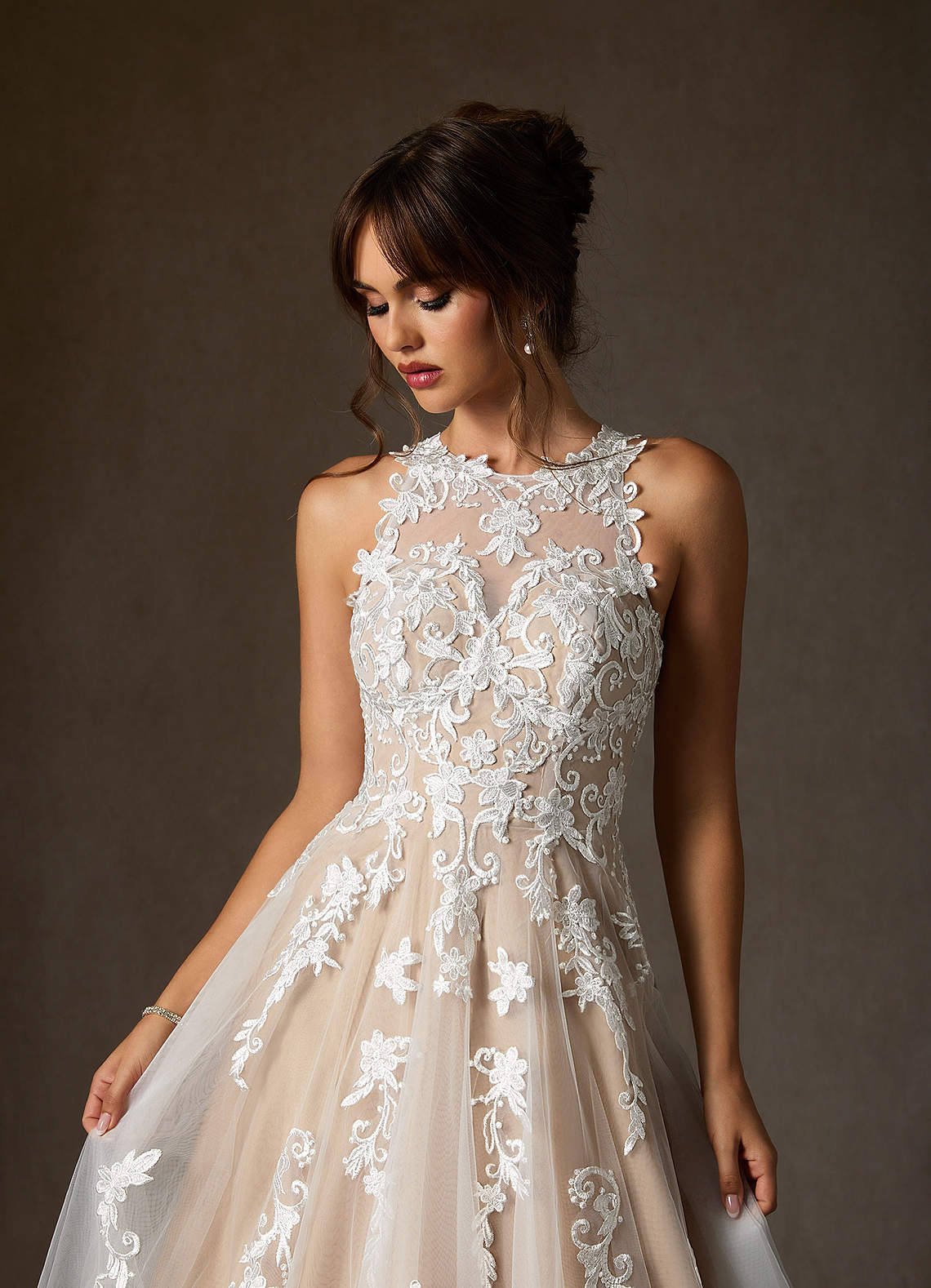 Azazie Melrose Diamond White Nude A-Line Sweetheart Lace Tulle