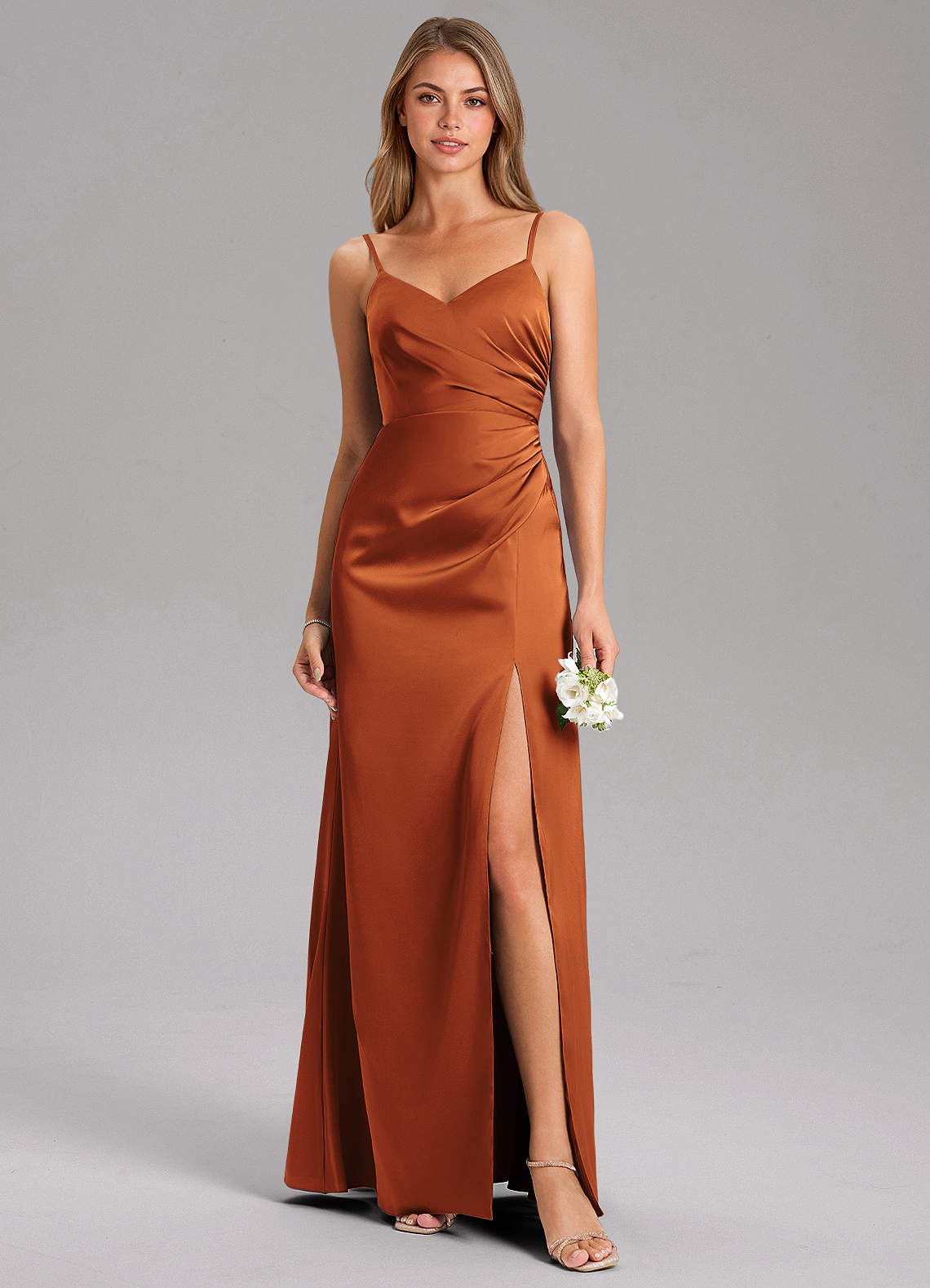 Azazie A-Line V-Neck Floor-Length Stretch Satin Bridesmaid Dresses Cinnamon Azazie A-Line V-Neck Floor-Length Stretch Satin Bridesmaid Dresses Cinnamon