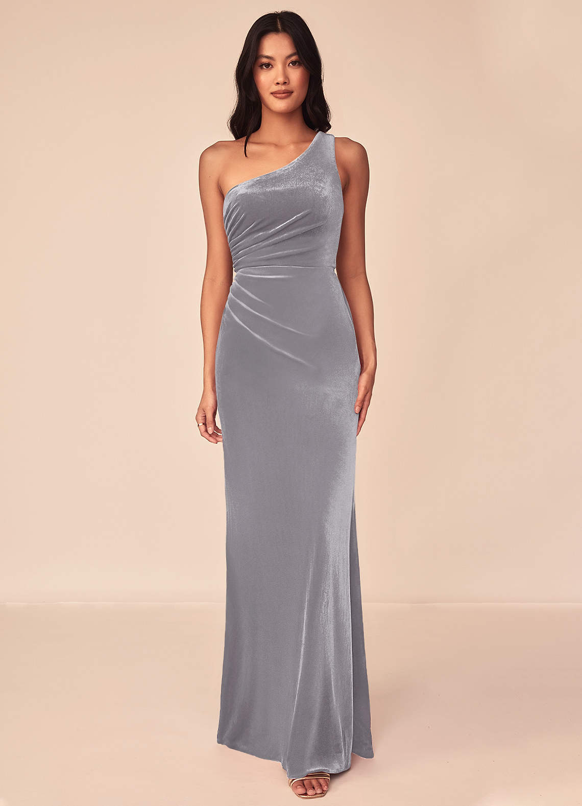 Azazie Argan Bridesmaid Dresses French Lilac A-Line One Shoulder Pleated Velvet Dress image1