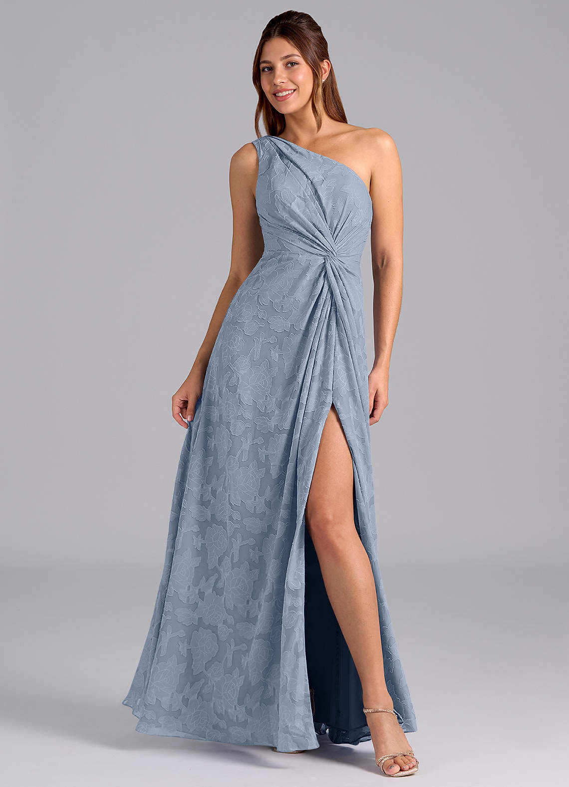 Azazie Brooke Abiti da Damigella Abito A-Line in Burnout Floreale Monospalla Blu Polveroso image1