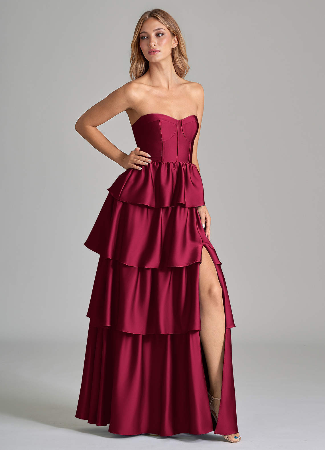 Azazie Faye Brudtärnklänningar Klänning av A-Linje i Stretch Satin Ruched Bourgogne image1
