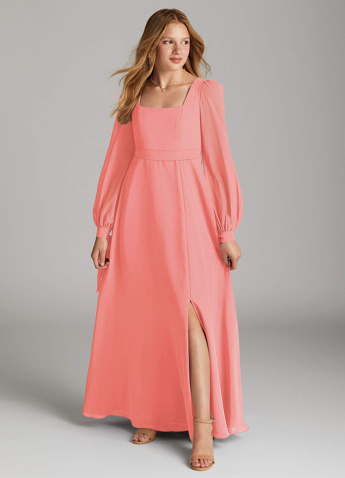 Azazie Leonia Junior Robe Trapèze en Mousseline de soie avec poches Corail image1