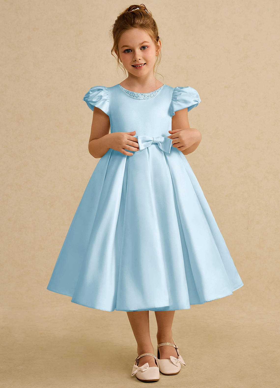 Azazie Pearl Blumenmädchenkleider Ballkleid Plissee Matte Satin Kleid Himmelblau image1
