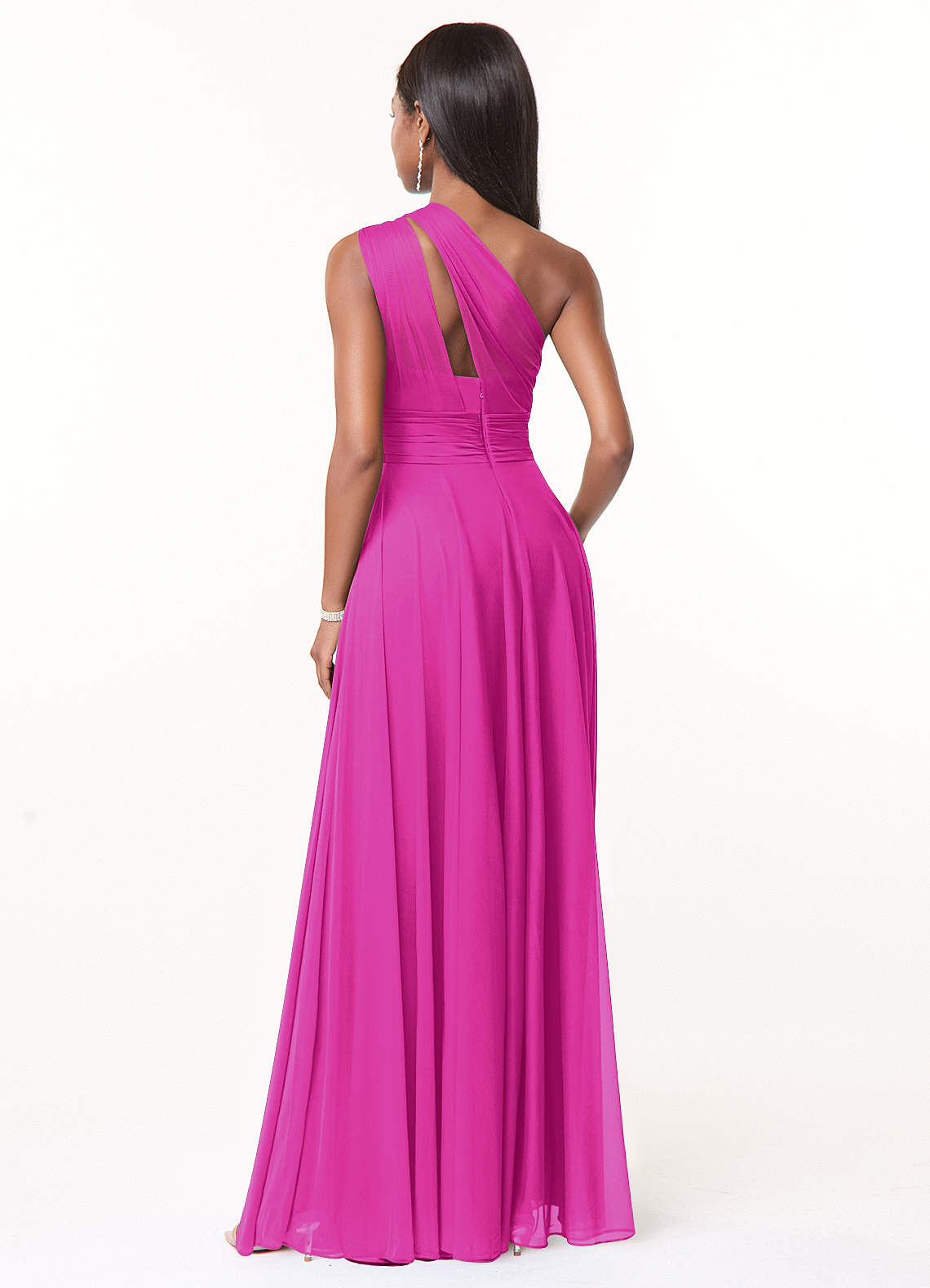 Azazie Charlize Vestidos de damas de honor Vestido de Fucsia de Malla de Corte en A con Hombro unilateral image1