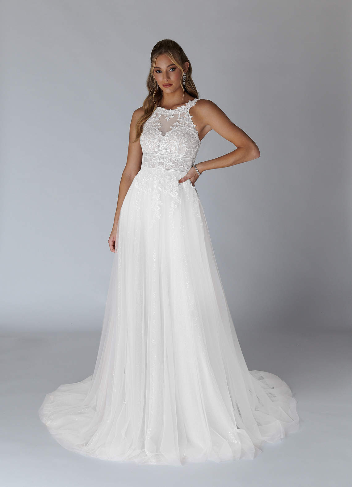 Azazie Maribelle Abiti da Sposa Abito A-Line in Tulle Lustrini Bianco Diamante image1