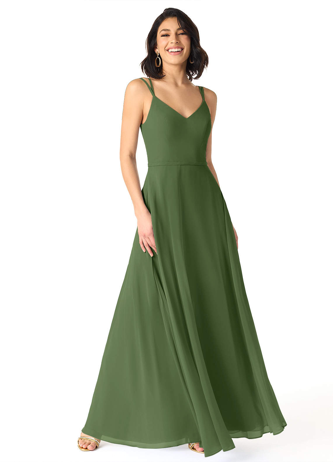 Azazie Janine Bridesmaid Dresses Olive A-Line V-Neck Chiffon Dress image1