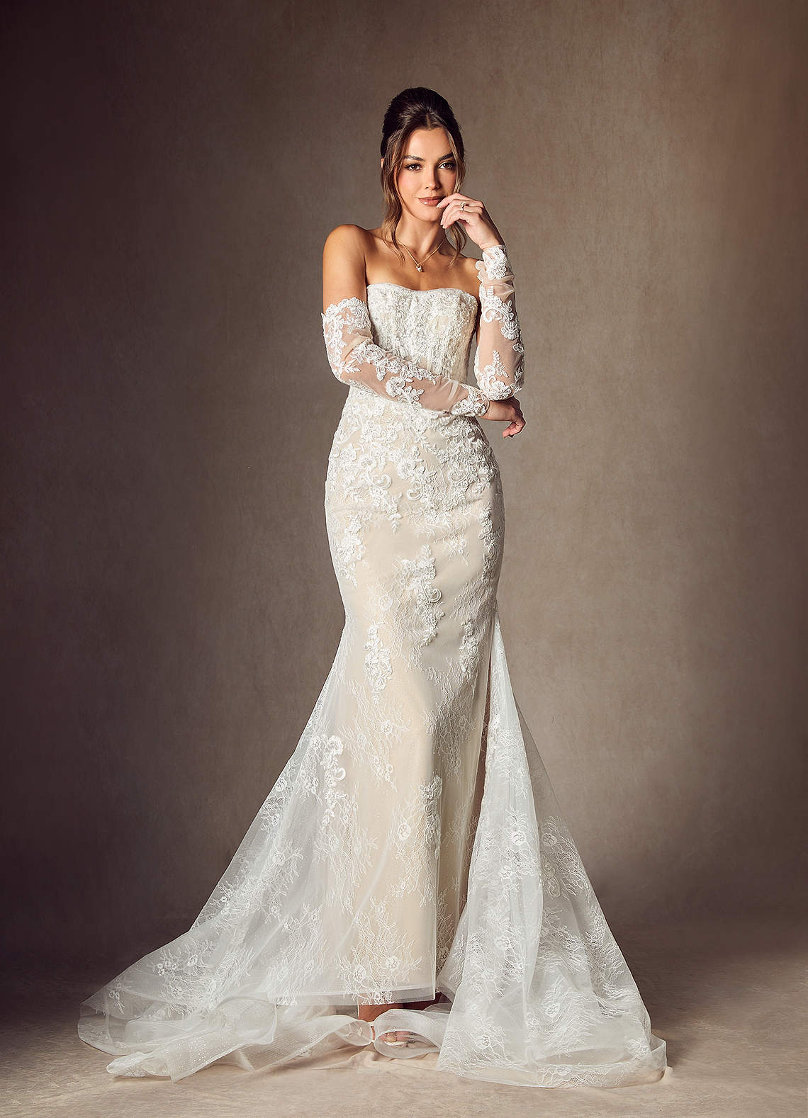 Azazie Caitlin Wedding Dresses Diamond White Champagne Mermaid Strapless Lace Dress image1