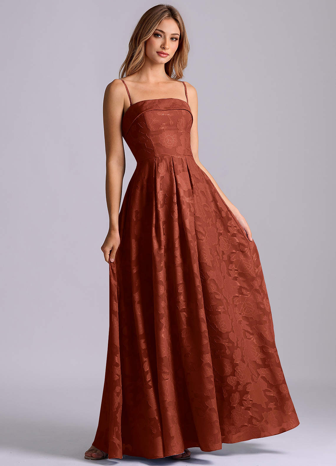 Azazie Lucienne Vestidos de madrinha de casamento Vestido Terracota de Esgotamento Floral de Linha A com Sem alças image5