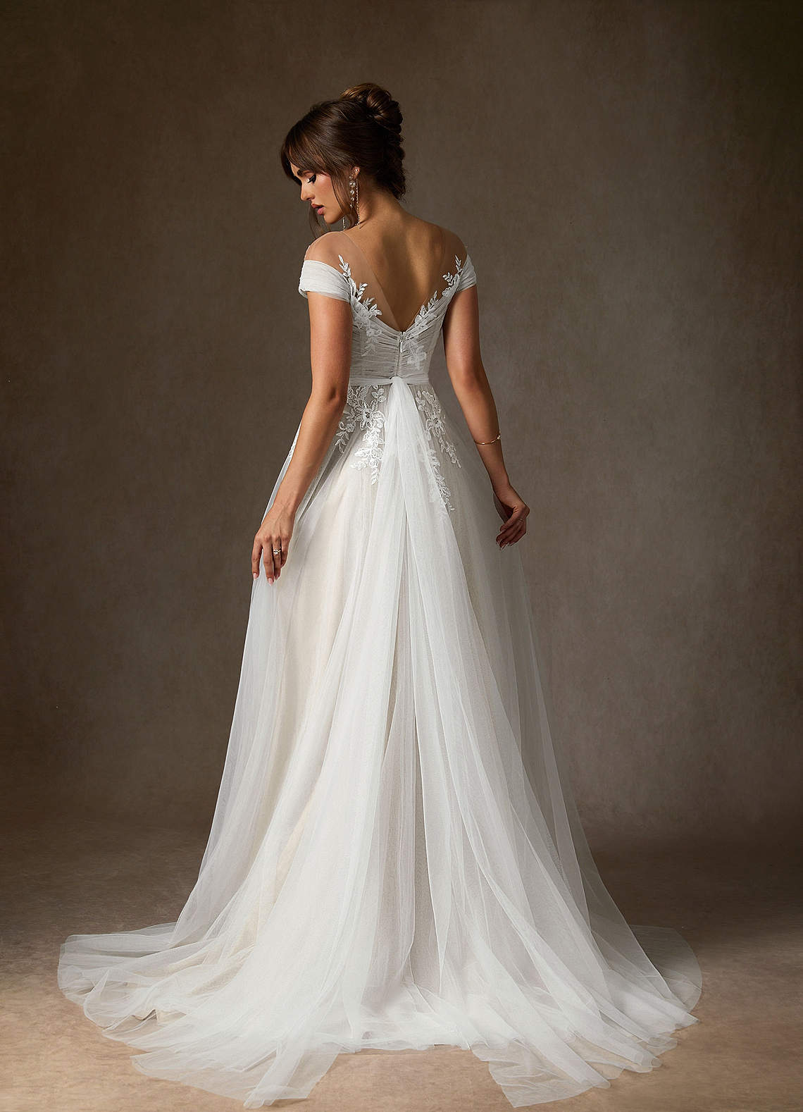 Azazie Cindy Wedding Dresses Diamond White A-Line Illusion Off-The-Shouler Lace Tulle Dress image6