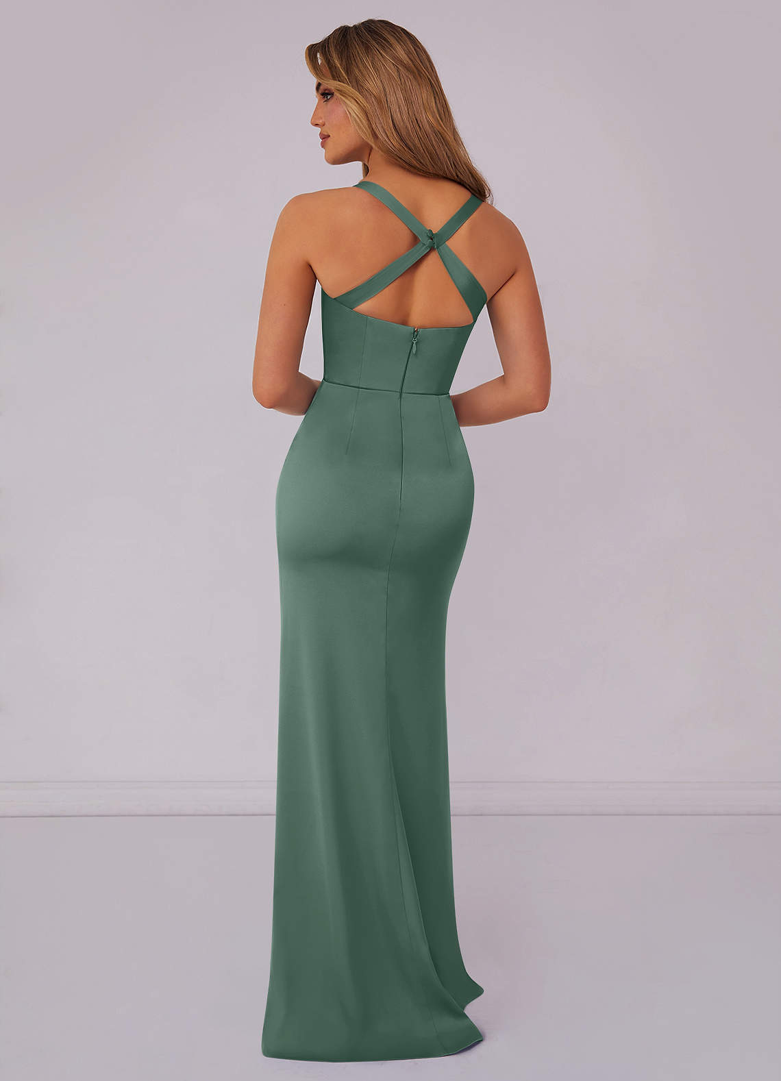 Sheath Cami Strap Chiffon Bridesmaid Dress with Slit in Moss Green