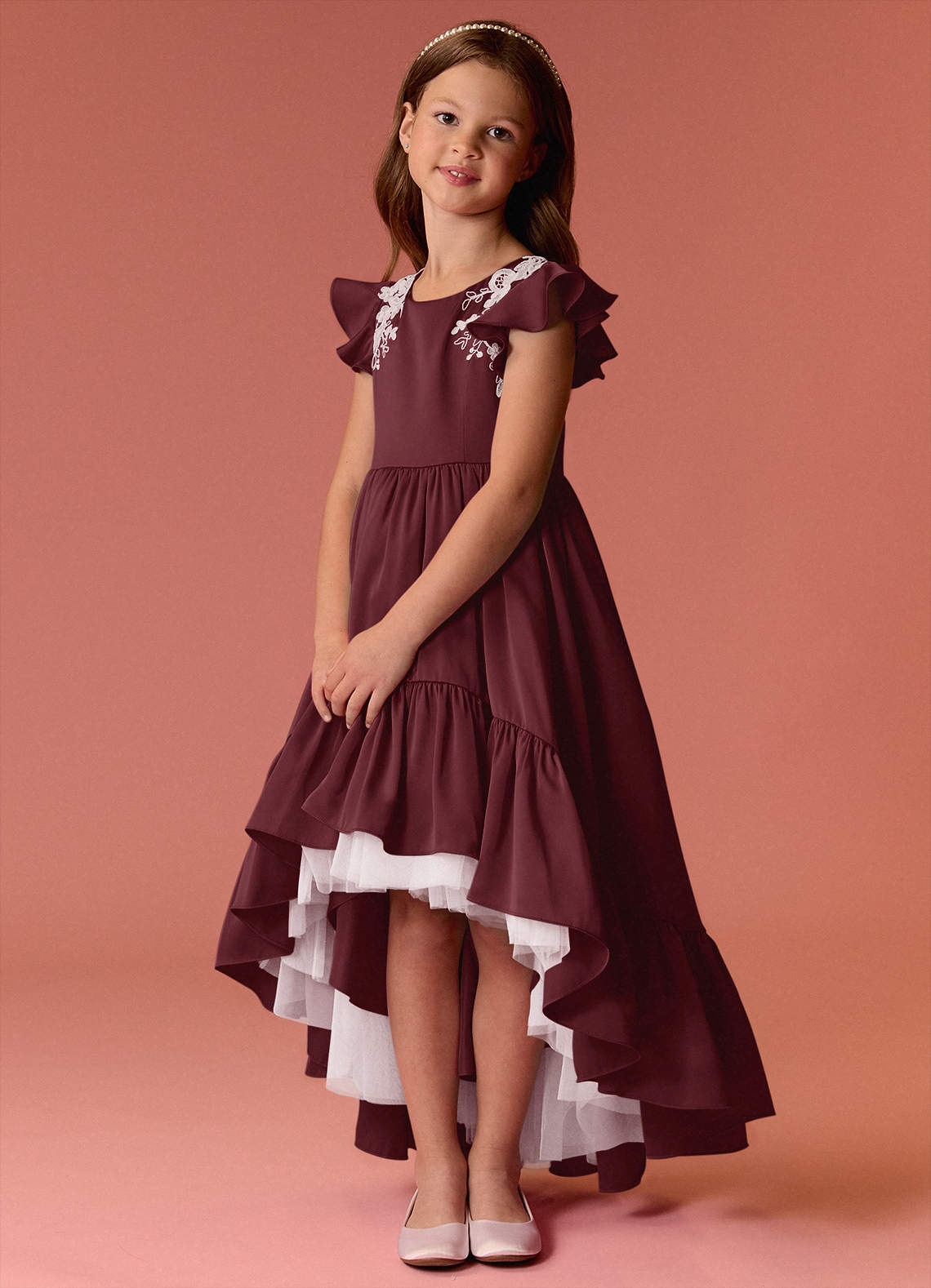 Barbie ♥ Azazie Flower Girl Dresses Cabernet A-Line Lace Stretch Satin Dress image2