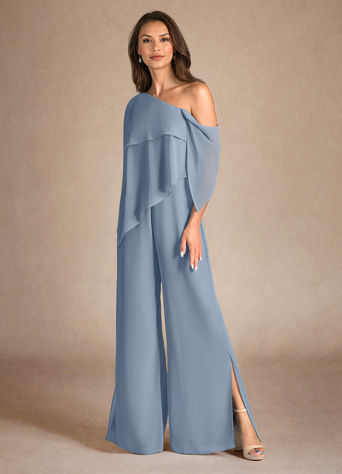 Azazie Halima Mère de la mariée Robes Robe Combinaison/Tailleur Pantalon en Mousseline de soie Fente Latérale Bleu Poussiéreux image5