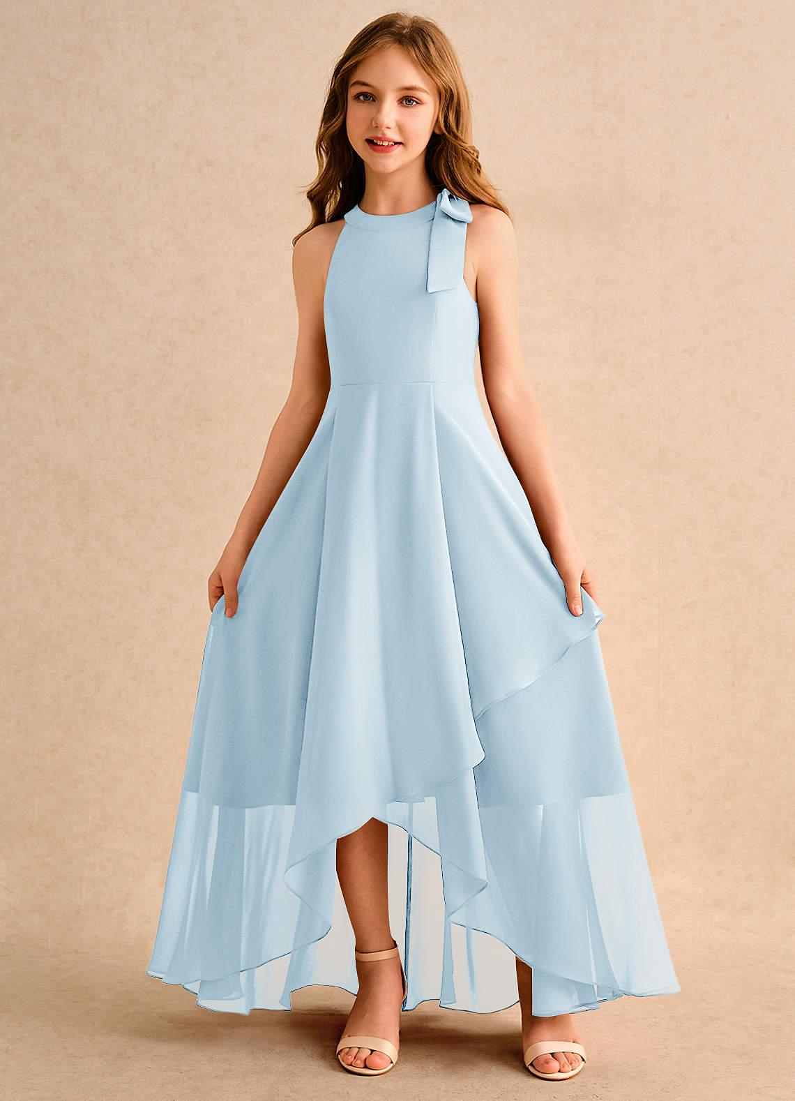 Azazie Boop Girls Formal Vestidos de florista Vestido Céu Azul de Chiffon de Linha A com Arco image4