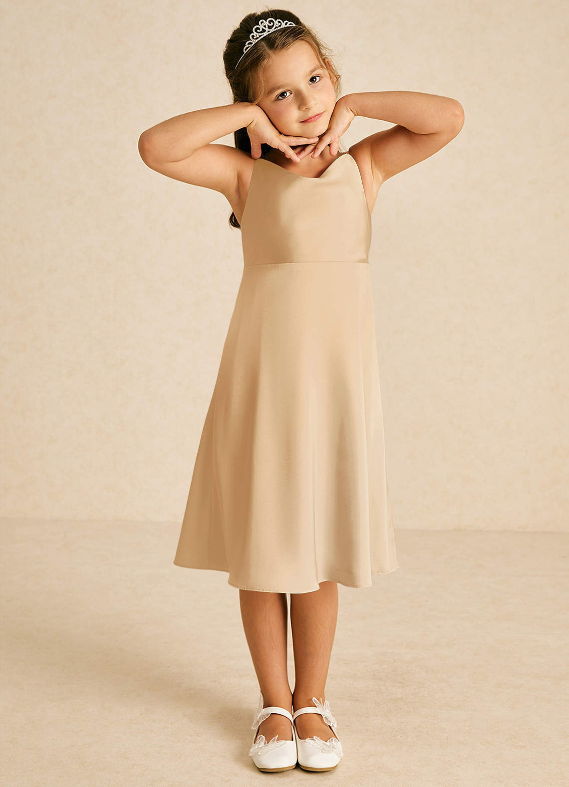 Azazie Zuzu Flower Girl Dresses Gold A-Line Spaghetti Strap Stretch Satin Dress image1