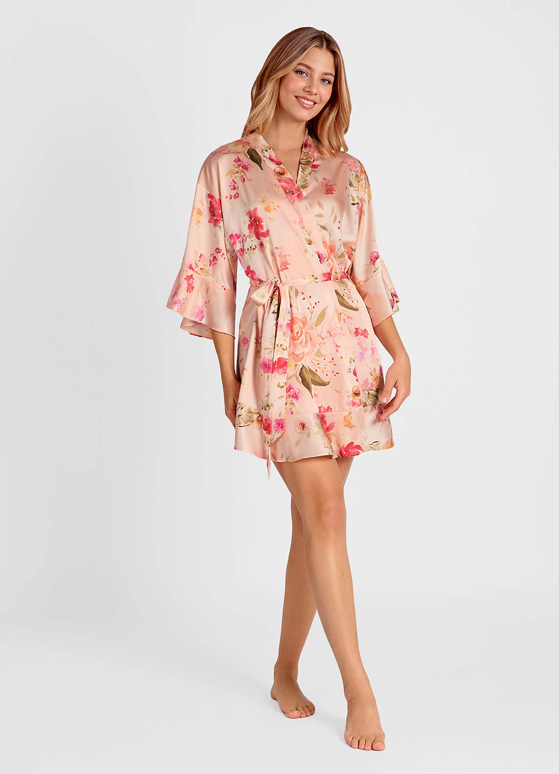 front Ruffled Printed Satin Bathrobe