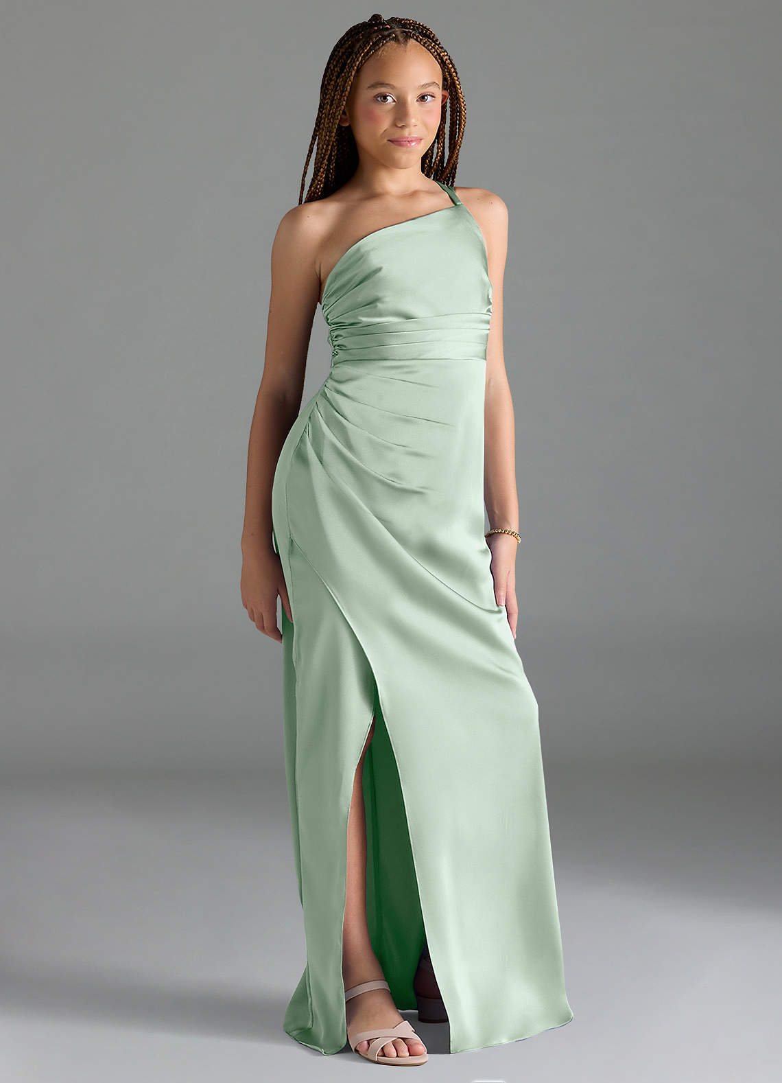 Azazie Eren Junior Vestido Agave de Cetim elástico de Bainha com Plissado image3