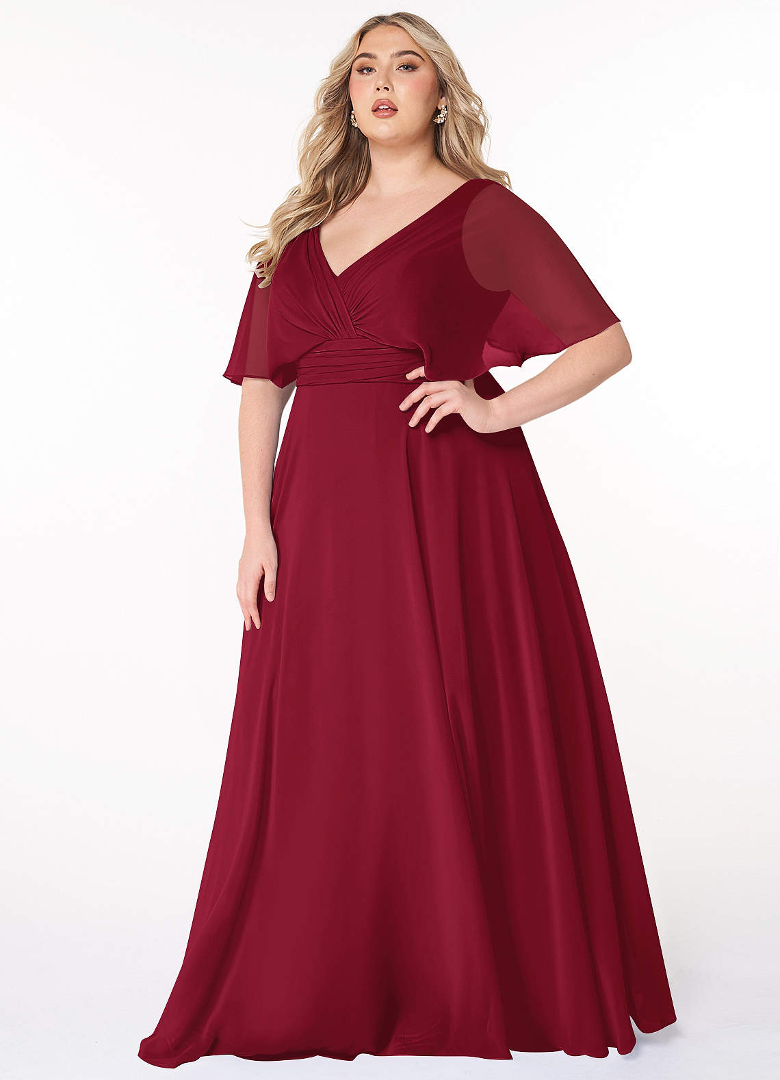 Azazie Pamela Bridesmaid Dresses Burgundy A-Line V-Neck Pleated Chiffon Dress image1