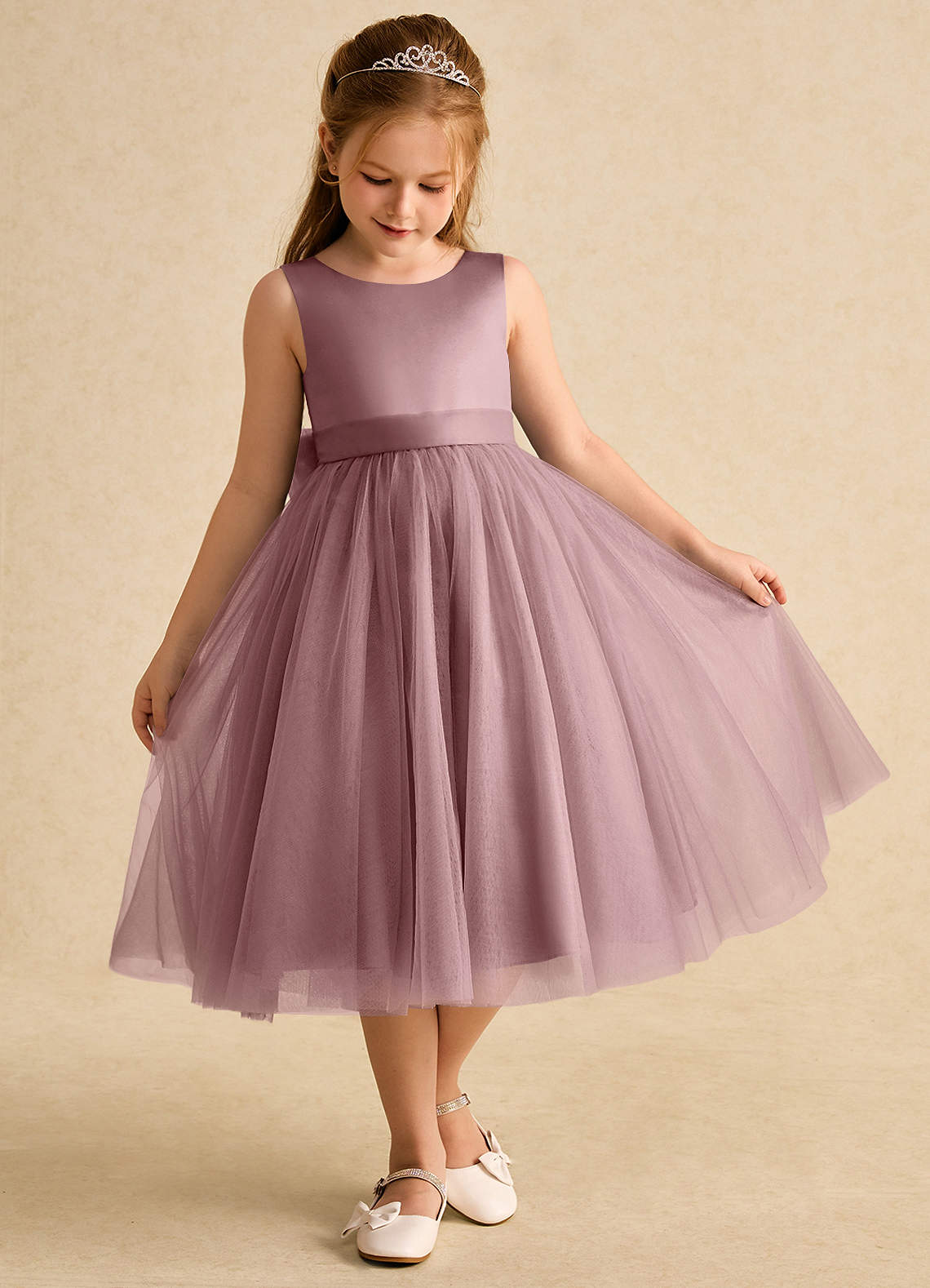 Azazie Winnie Abiti da Ragazza di Fiori Abito Principessa in Tulle Fiocco Rosa Polverosa image1