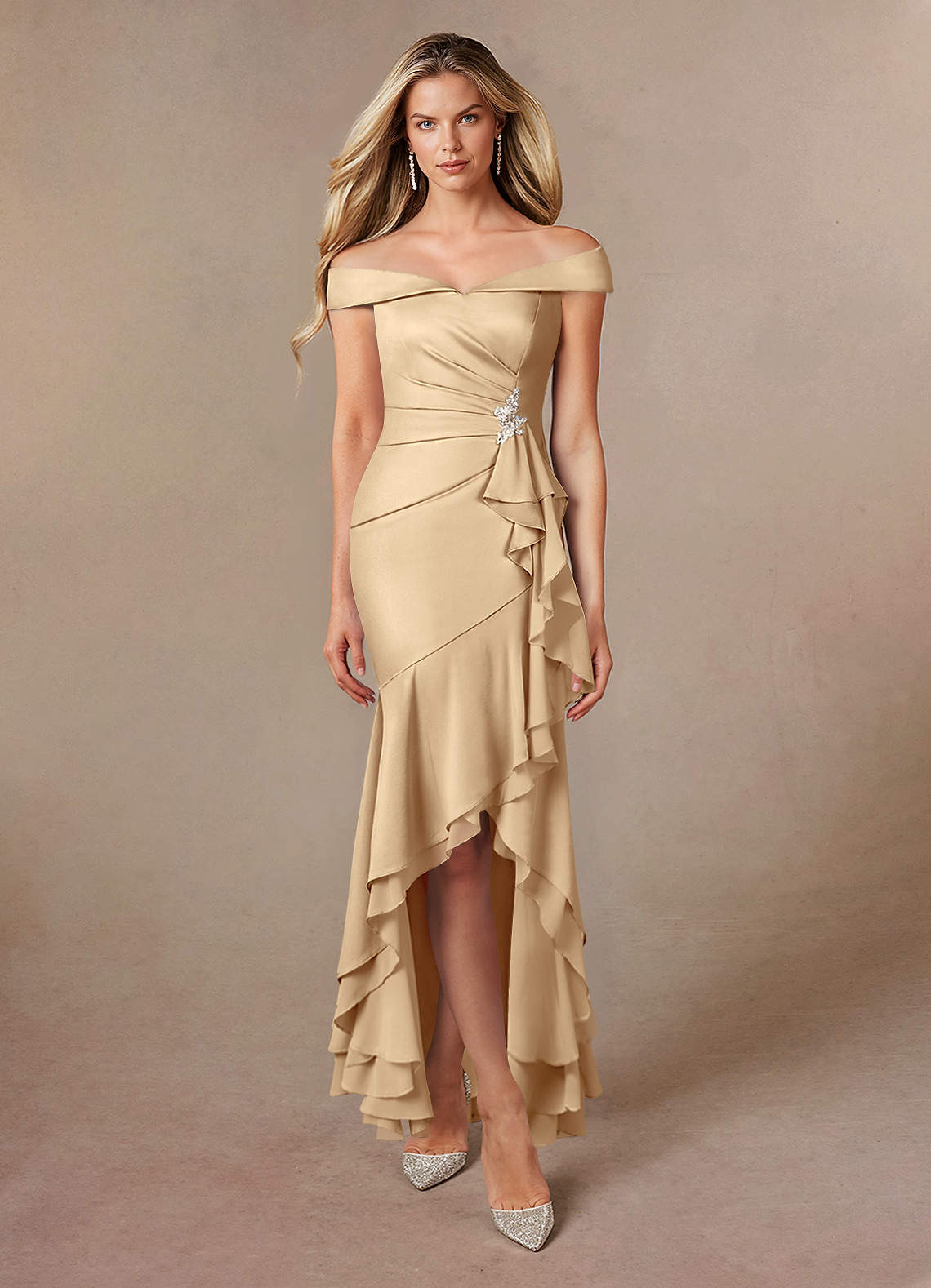 Azazie Billings Mother of the Bride Dresses Champagne Mermaid Off the Shoulder Stretch Satin Dress image4