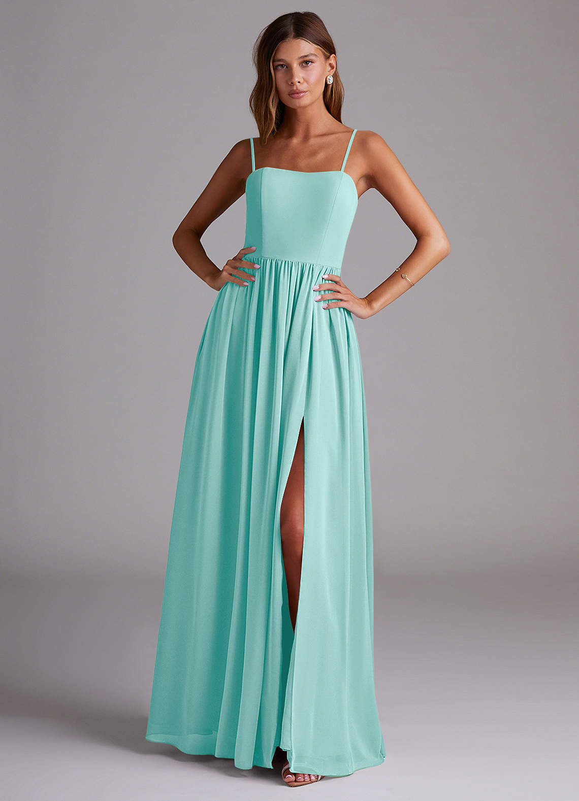 Azazie Calianna Bridesmaid Dresses Aqua A-Line Off the Shoulder Chiffon Convertible Dress image1