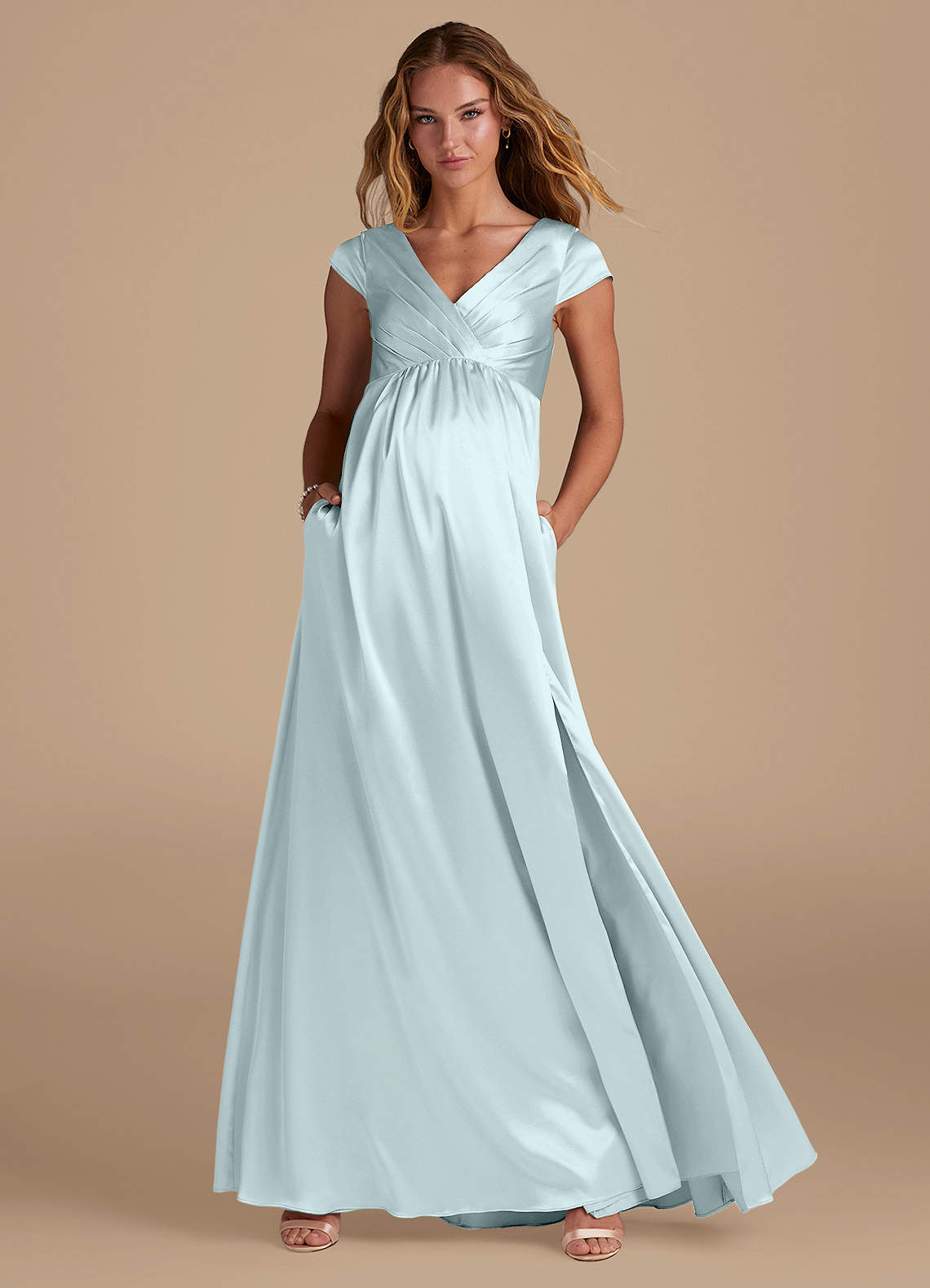 Azazie Allessia Maternity Bridesmaid Dresses A-Line Metallic Satin Floor-Length Dress image1