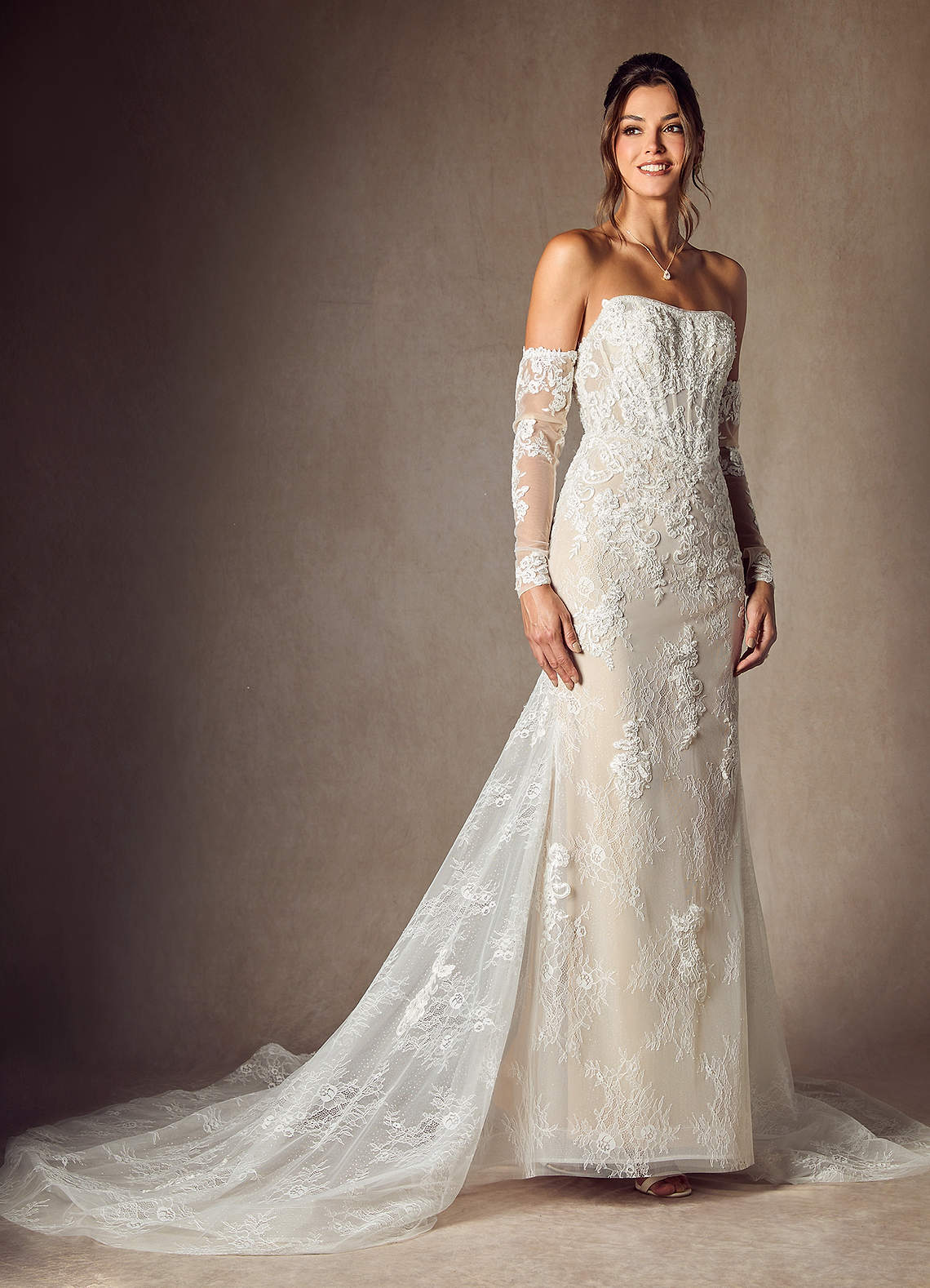 Azazie Caitlin At-home Try On Dresses Diamond White Champagne Mermaid Strapless Lace Dress image6