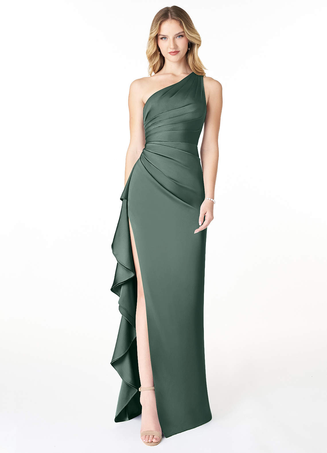 Azazie Latrice Bridesmaid Dresses Sea Moss Sheath One Shoulder Cascading Ruffles Stretch Satin Dress image1