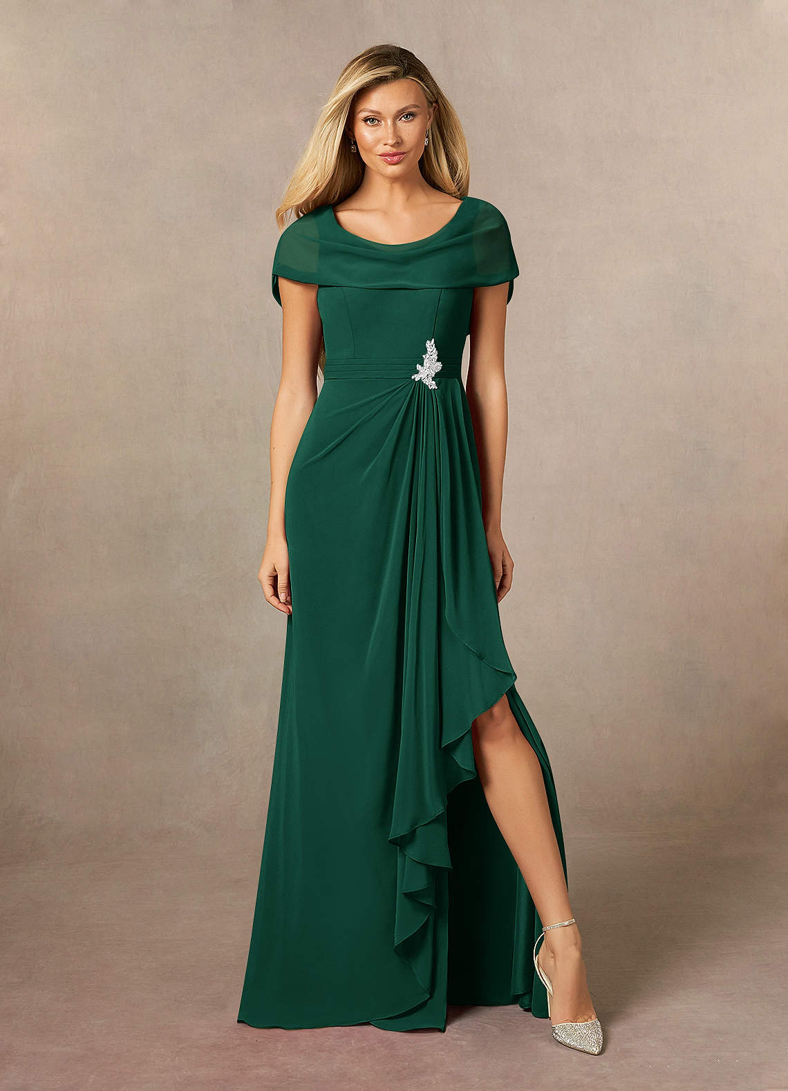 Azazie Mary Mother of the Bride Dresses Emerald A-Line Side Slit Chiffon Dress image1