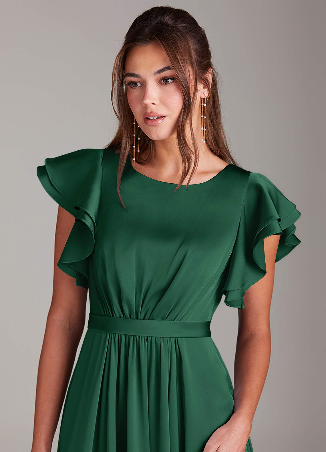 Azazie A-Line Scoop Neck Floor-Length Stretch Satin Modest Bridesmaid Dresses - Dark Green