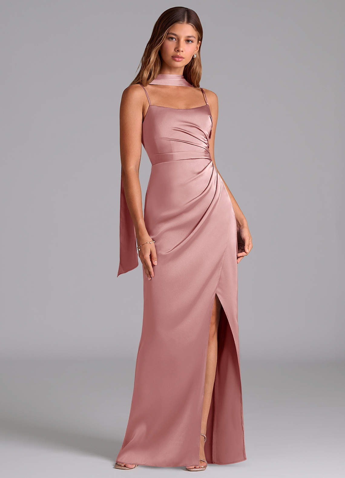 Azazie Calandra Brudtärnklänningar Klä av A-Linje i Stretch Satin Plisserad Dammig Ros image1