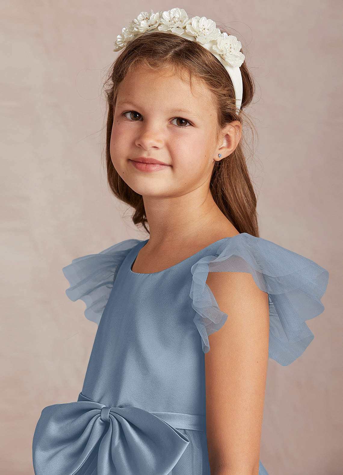 Azazie Midna Vente Finale Robe Trapèze en Tulle avec manches Bleu Poussiéreux image1