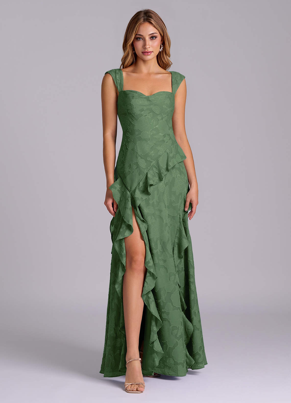 Azazie Sloane Abiti da Damigella Abito A-Line in Burnout Floreale Scollo a Cuore Eucalipto image1