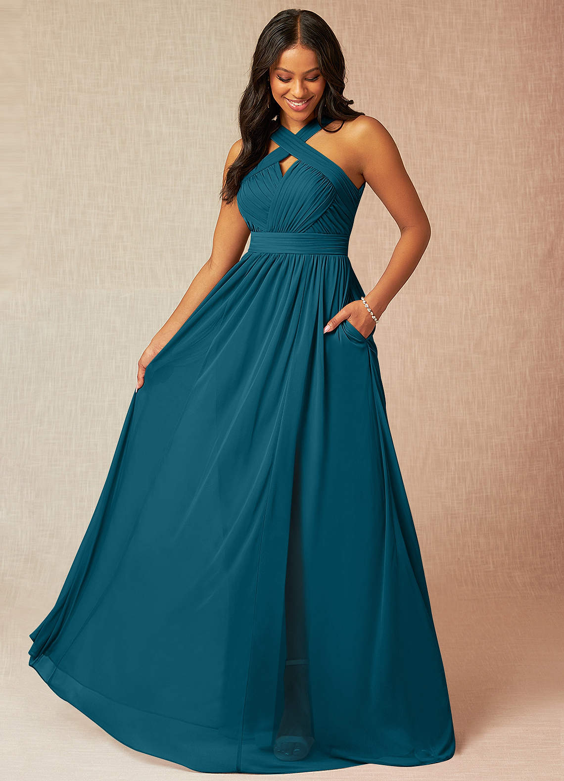 Azazie Hillian Bridesmaid Dresses Ink Blue A-Line Halter Pleated Mesh Dress image1