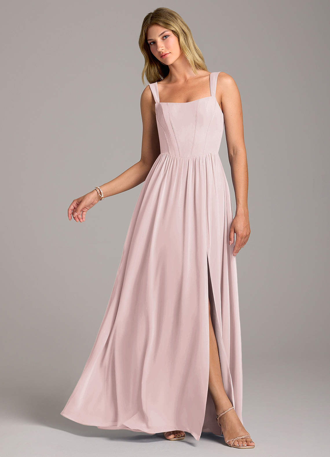 Azazie Rosaline Bridesmaid Dresses Blushing Pink A-Line Side Slit Chiffon Dress image1