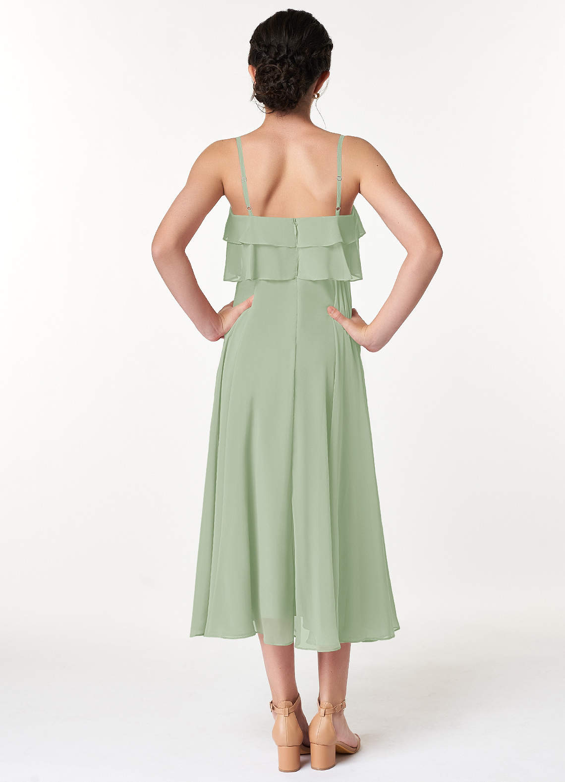 Azazie Ensley Junior Abito A-Line in Chiffon Plissettato Verde Salvia image1