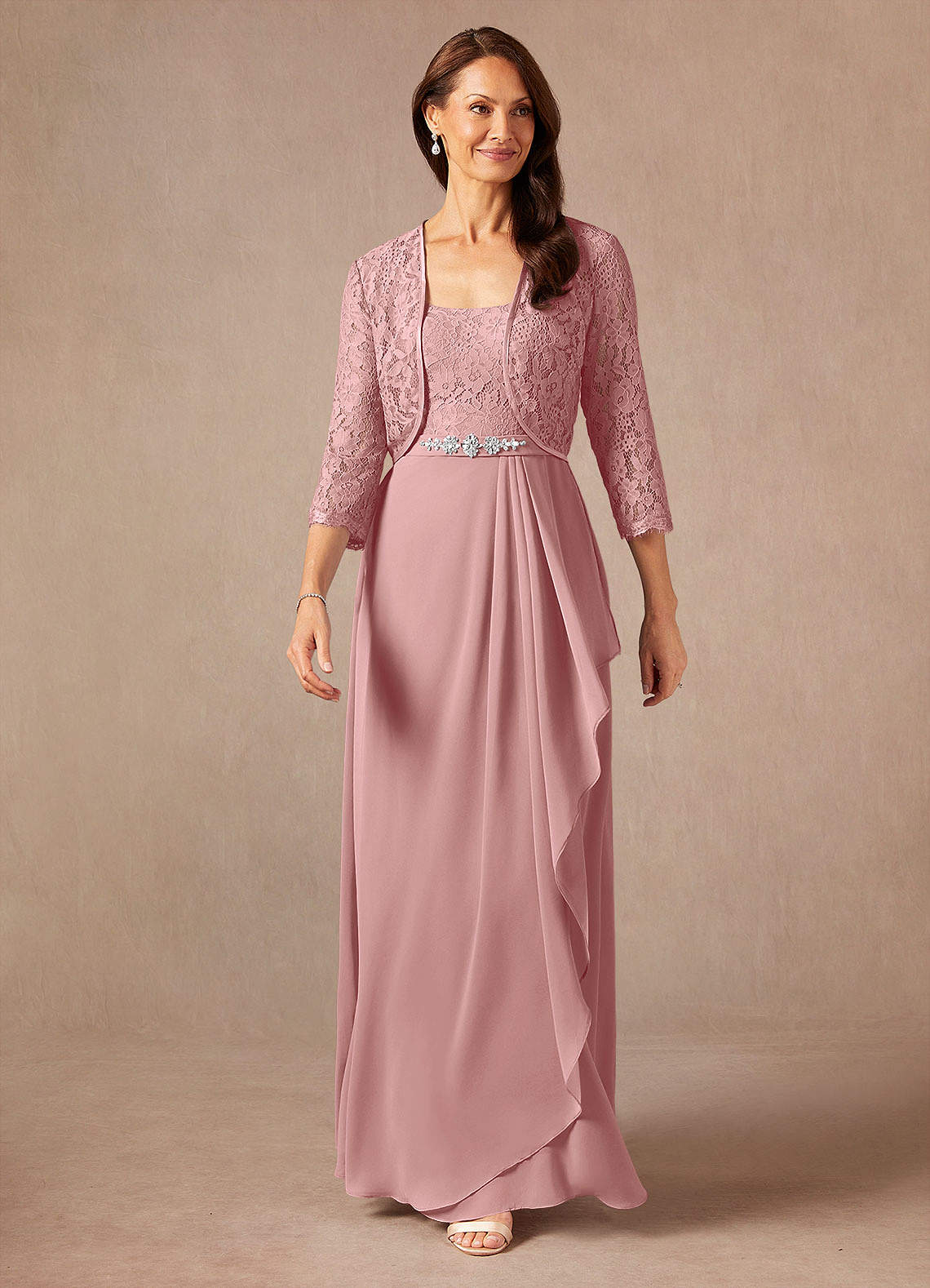 Azazie Ainsling Mother of the Bride Dresses Dusty Rose A-Line Square Neckline Lace Chiffon Dress image4