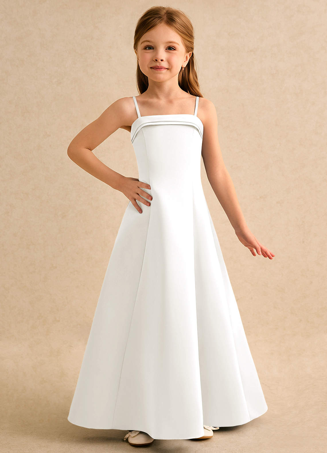 Azazie Izel Girls Formal Blomsterpigekjoler A-Line Plisseret Mat satin Gulv-længde Kjole image4