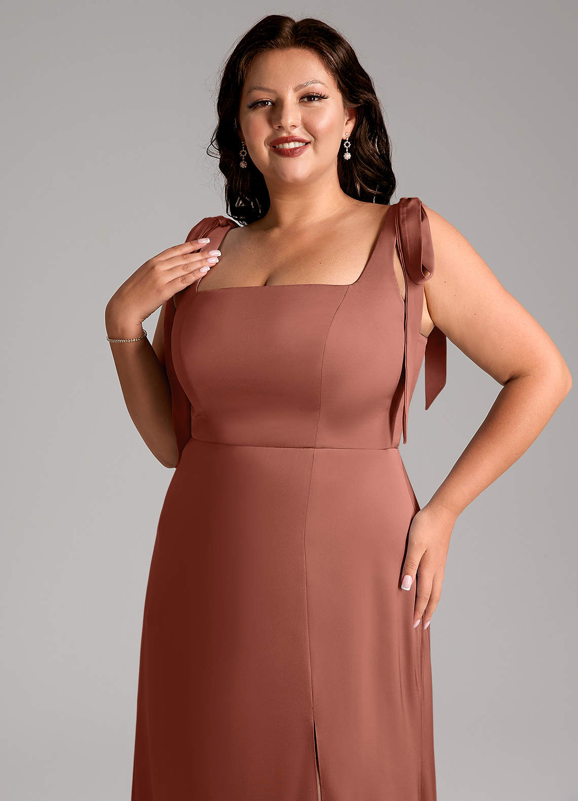 short sleeve brown mini dress LaDivine 7475C Plus Size Formal Long Sleeve Satin Dress main image 1