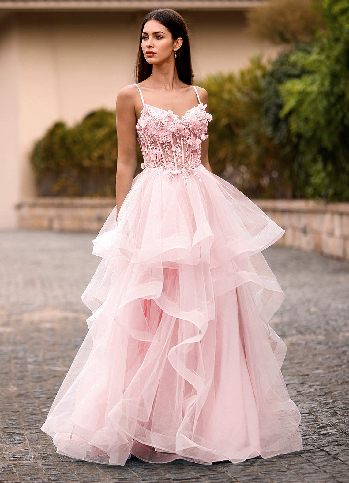 Azazie Blushing Pink 3D Flowers Ruffles V Neck Formal Dress Azazie Blushing Pink 3D Flowers Ruffles V Neck Formal Dress