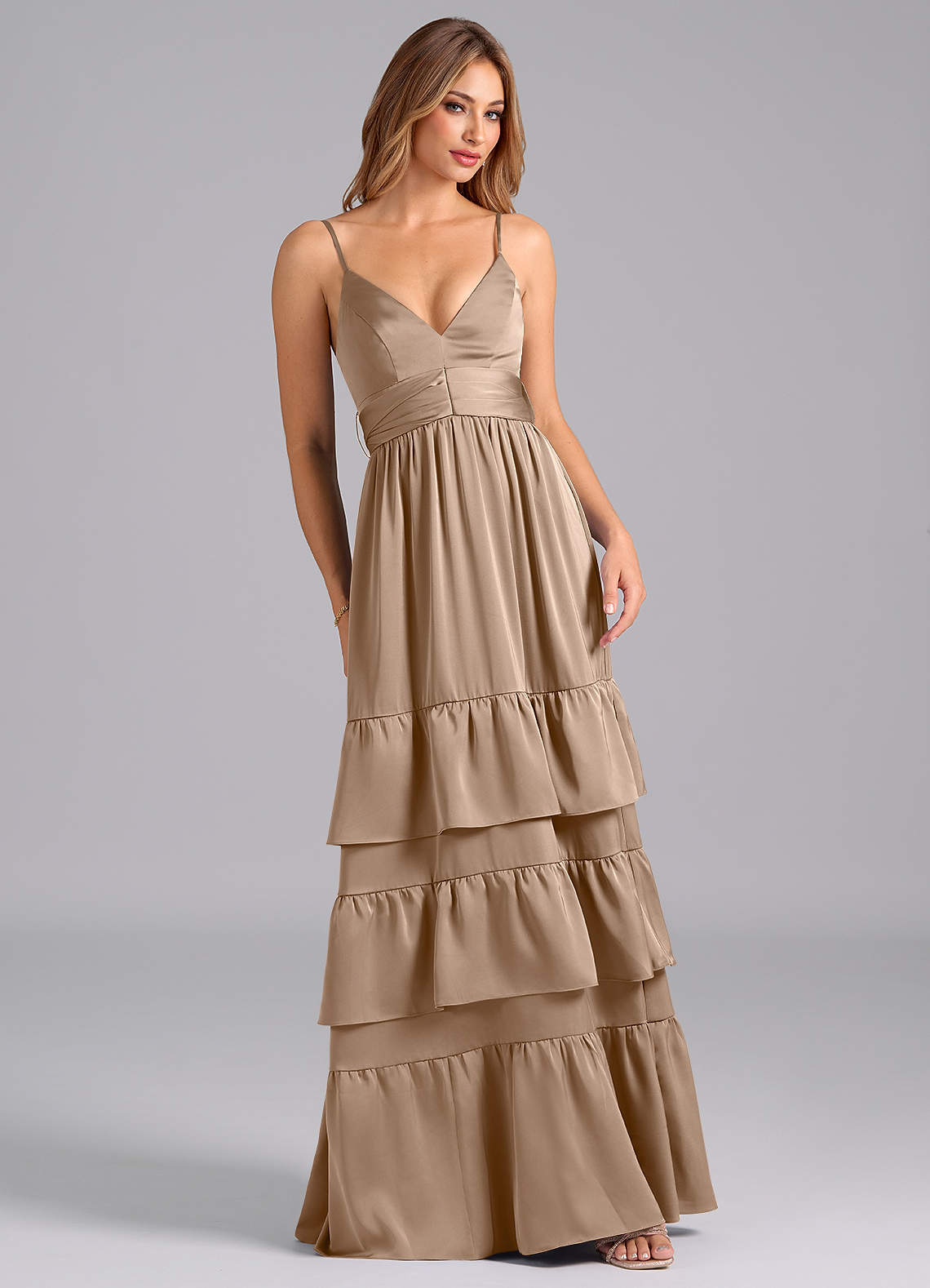 Azazie Nathalia Bridesmaid Dresses Taupe A-Line Pleated Stretch Satin Dress image1