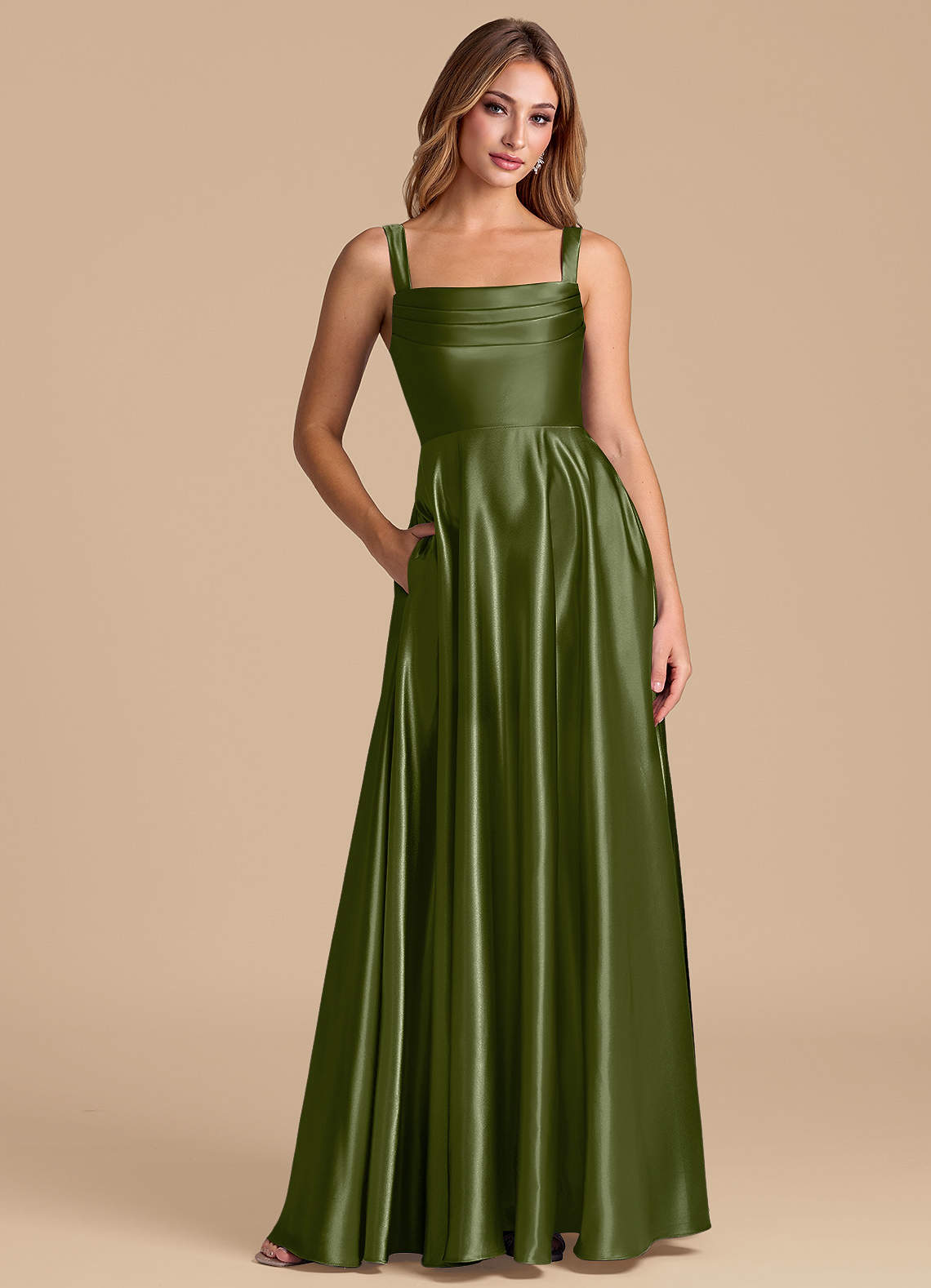 Azazie Shaude Bridesmaid Dresses Olive A-Line Pleated Metallic Satin Dress image1