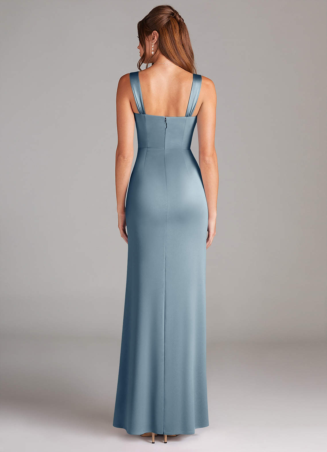 Azazie Denice Bridesmaid Dresses Dusty Blue Sheath Pleated Stretch Satin Dress image1