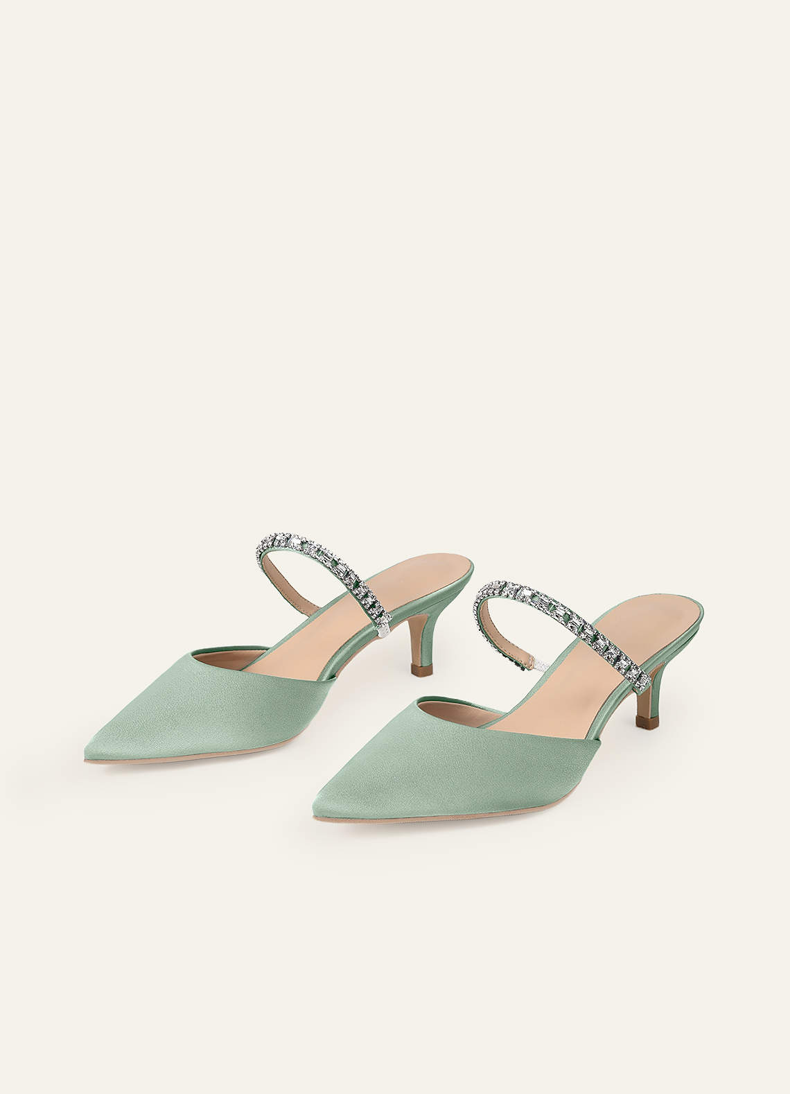 front Matching Color Stretch Satin Rhinestone Slip-on Kitten Heels