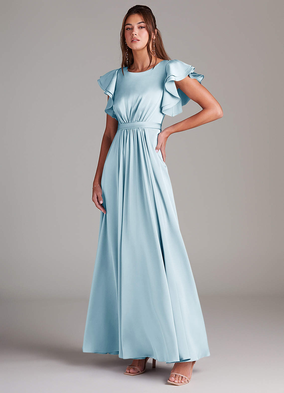 Azazie Daphne Vestidos modestos de dama de honra Vestido Linha A Ruched Comprimento do chão Cetim elástico image3