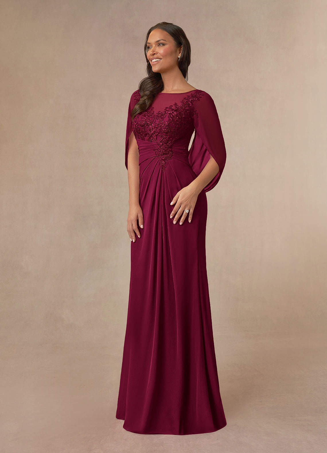 Azazie Hera Burgundy A-Line Lace Capelet Chiffon Dress | Azazie CA