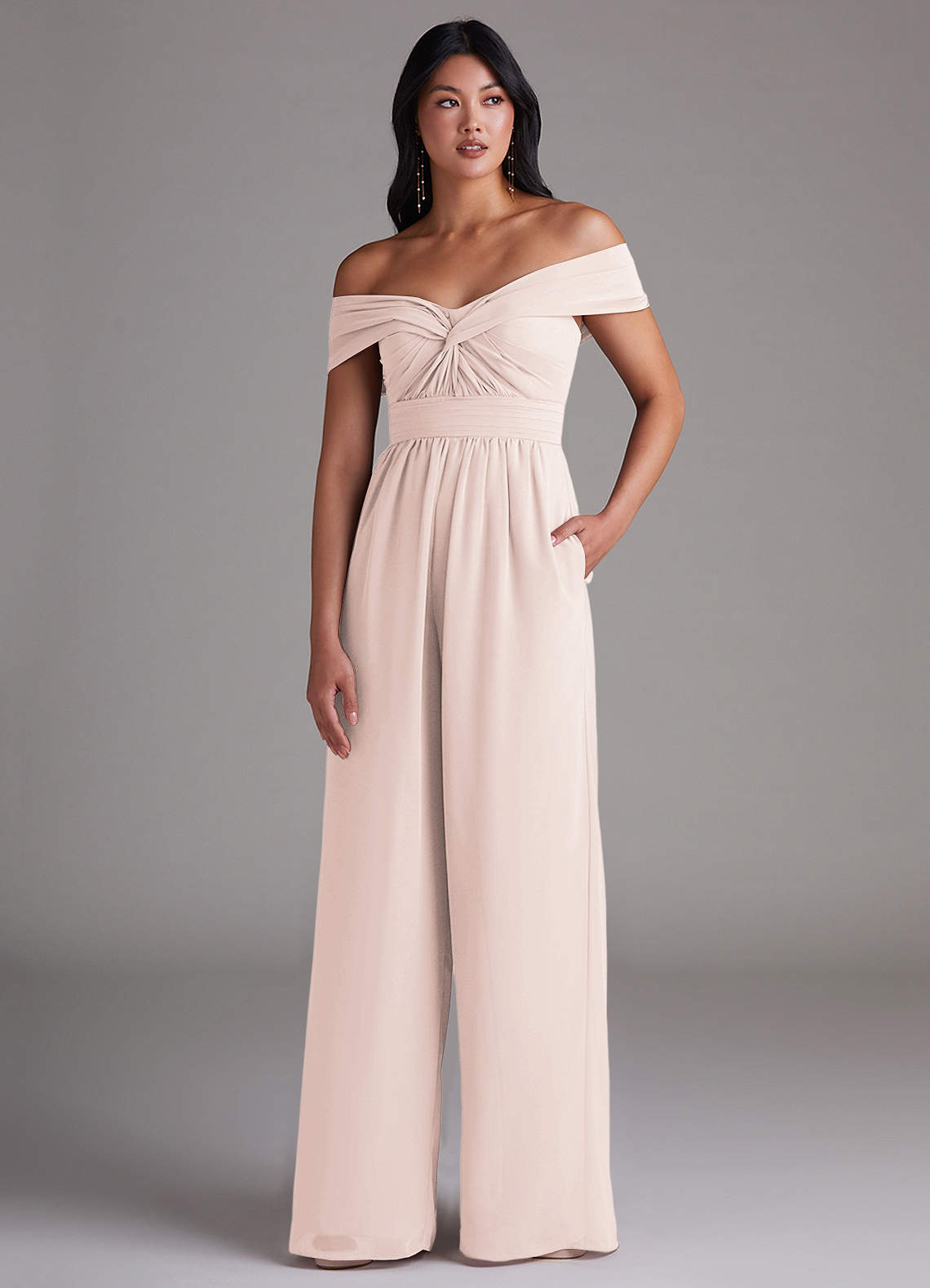Azazie Lamara Bridesmaid Dresses Rose Petal Off the Shoulder Chiffon Convertible Jumpsuit image1
